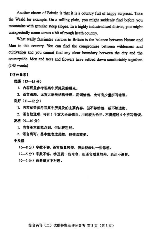 2012年10月自考英语（二）试卷参考答案