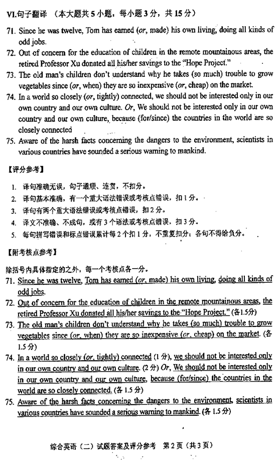 全国2007年10月自考综合英语（二）试题及答案