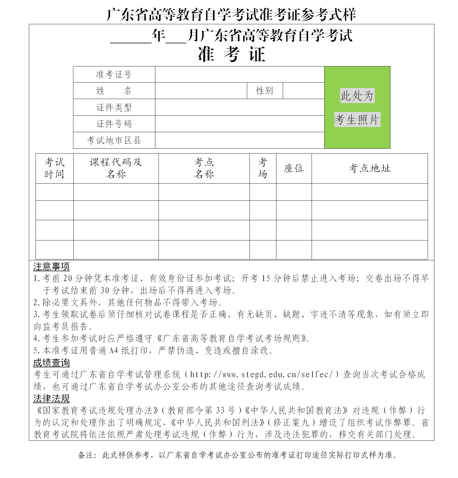 广东省高等教育自学考试准考证参考式样