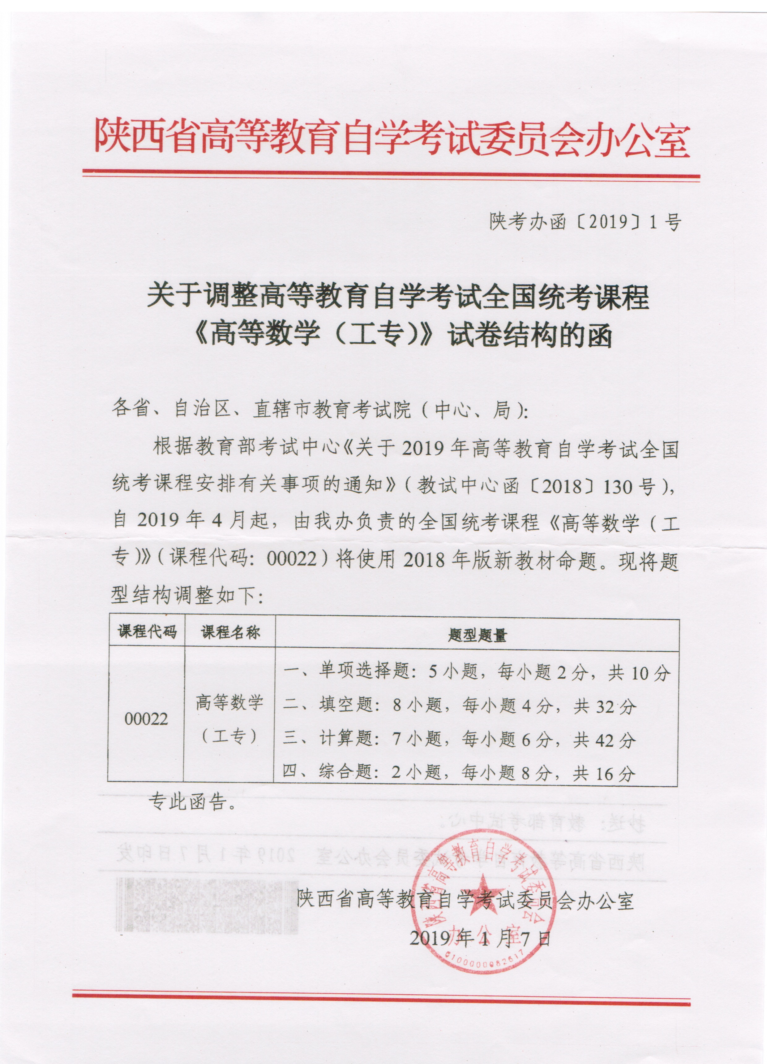 2019年全国统考课程《高等数学（工专）》试卷结构调整通知